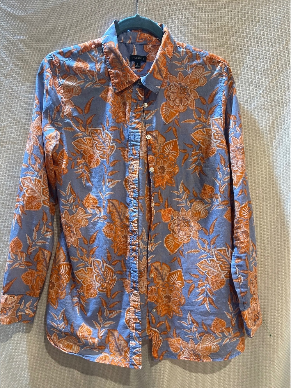 Talbots Large Blue and Orange Floral Button-Up Shirt Cotton Blend